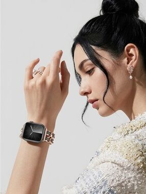 Apple Watch Bracelet Black Leather & Rose Gold Metal Chain Strap | cases 44-49mm